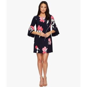 Ralph Lauren Navy Floral Print A-Line Dress Women Size 14 Cruise Vacation Party‎